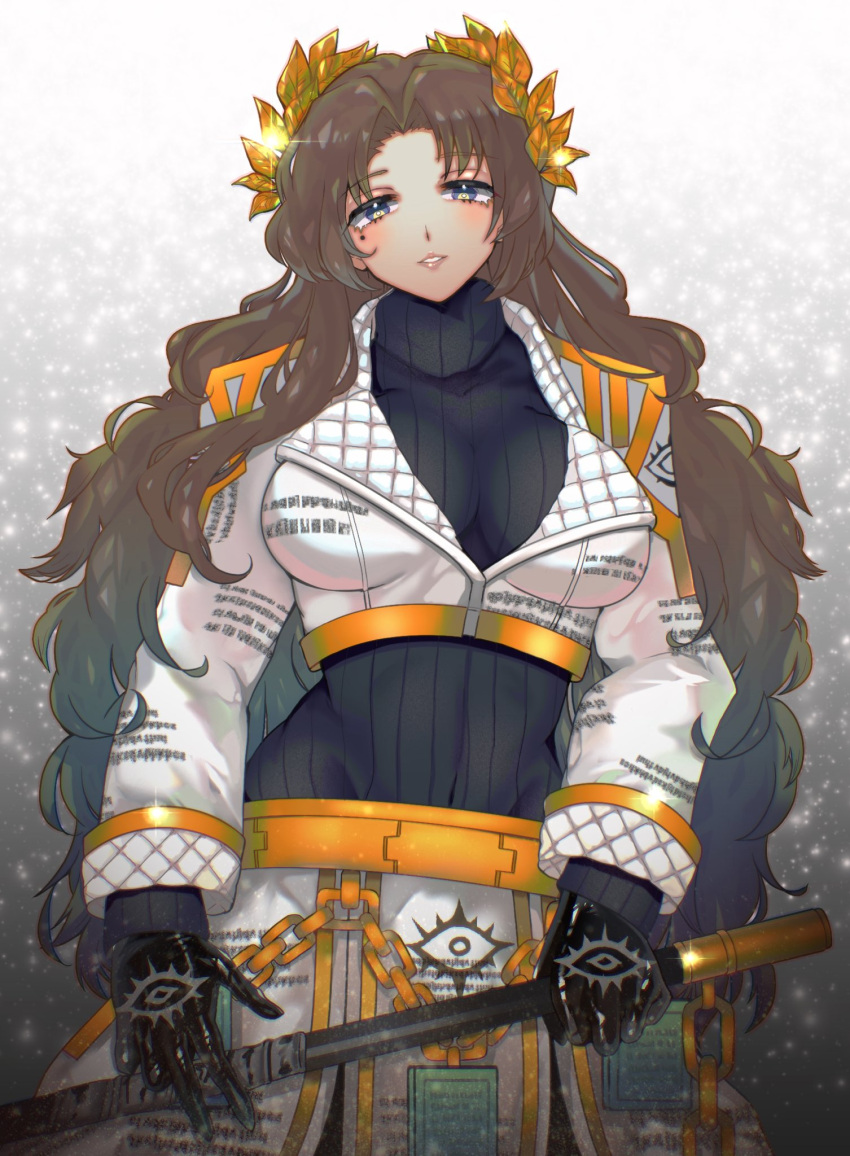 1girl belt black_gloves breasts brown_hair chain cowboy_shot cropped_jacket e.g.o_(project_moon) eye_print gloves gold_belt highres holding holding_weapon jacket large_breasts laurels limbus_company long_hair njaja_kanja project_moon quilted_clothes ribbed_sweater rodion_(project_moon) solo sweater very_long_hair weapon white_jacket