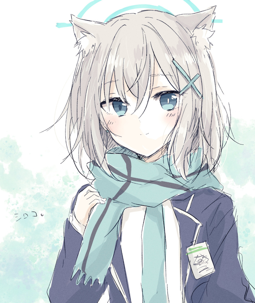 1girl adjusting_scarf animal_ear_fluff animal_ears aqua_scarf baran._(ba_ra_ran) blue_archive blue_eyes blue_halo blue_jacket blush bright_pupils character_name commentary cross_hair_ornament earrings extra_ears green_background grey_hair hair_ornament halo highres id_card jacket jewelry light_smile looking_at_viewer medium_hair mismatched_pupils open_clothes open_jacket scarf school_uniform shiroko_(blue_archive) shirt solo split_mouth striped_clothes striped_scarf stud_earrings translated watercolor_background white_background white_pupils white_shirt wolf_ears