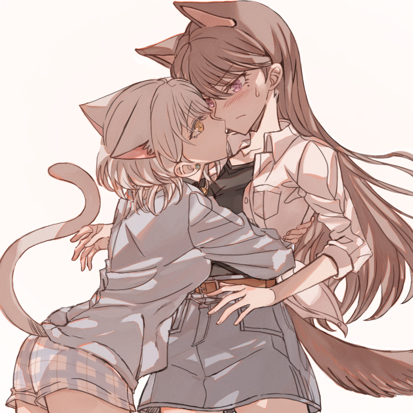 2girls animal_ears bang_dream! bang_dream!_it's_mygo!!!!! black_shirt blue_shorts blush brown_hair cat_ears cat_girl cat_tail chinese_commentary closed_mouth collared_shirt commentary_request dog_ears earrings grey_background grey_shirt grey_skirt highres hug jewelry junjun_(kimi-la) kaname_raana kemonomimi_mode long_hair long_sleeves mole mole_under_eye multiple_girls open_clothes open_shirt plaid plaid_shorts shiina_taki shirt short_hair shorts simple_background skirt stud_earrings sweatdrop tail violet_eyes white_hair white_shirt yellow_eyes yuri