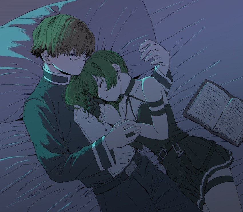 1boy 1girl arm_strap bare_shoulders black_dress black_gloves book brown_hair closed_eyes cowboy_shot dress glasses gloves green_hair hetero highres land_(sousou_no_frieren) long_sleeves looking_at_another lying medium_hair on_back on_bed on_side open_book short_hair single_glove sleeping sousou_no_frieren ubel_(sousou_no_frieren) user_tjvj4534