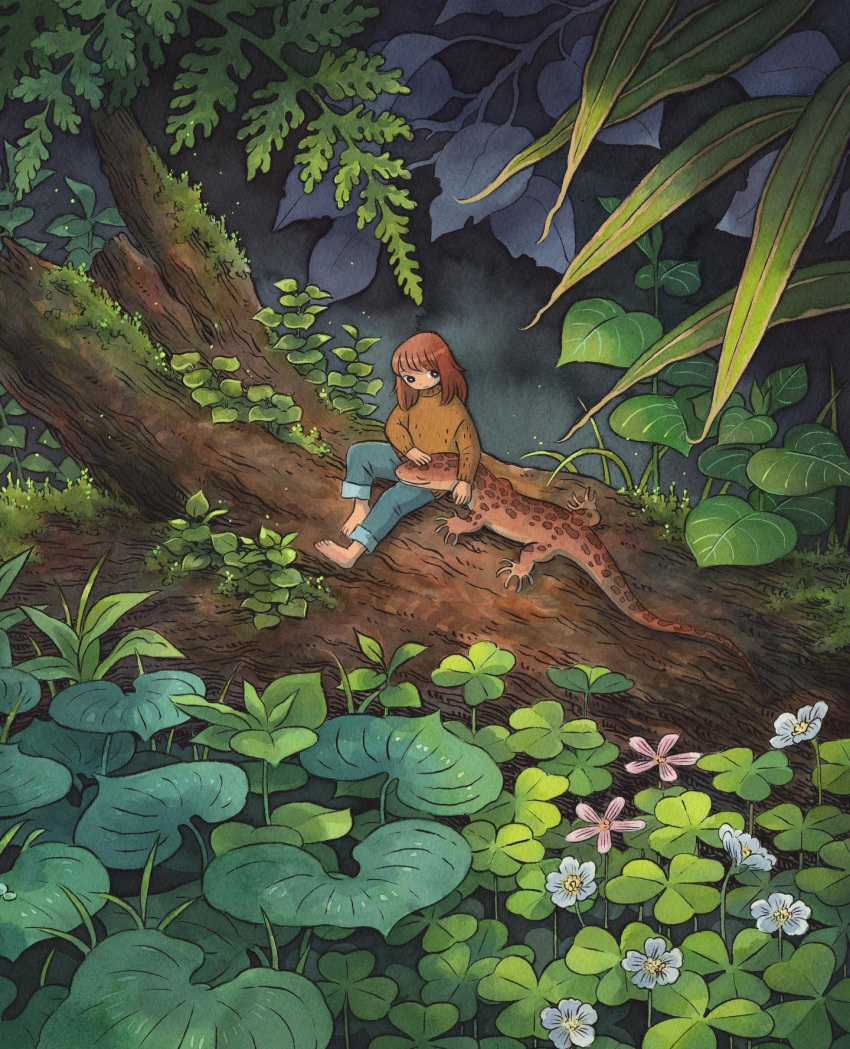 1girl barefoot brown_hair brown_sweater clover denim flower forest hand_on_animal heikala highres jeans lap_pillow log mini_person minigirl moss nature original outdoors painting_(medium) pants pants_rolled_up pink_flower salamander solo sweater traditional_media watercolor_(medium) white_flower
