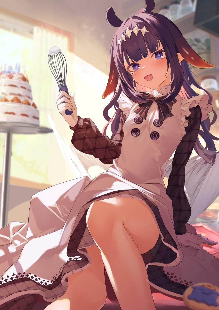 1girl absurdres apron black_dress blush cake cookie dress fang food gloves highres holding holding_whisk hololive hololive_english jiang_ye_kiri long_hair looking_at_viewer mole mole_under_eye ninomae_ina'nis ninomae_ina'nis_(6th_costume) official_alternate_costume open_mouth pointy_ears purple_hair sidelocks smile solo tentacle_hair violet_eyes virtual_youtuber whisk white_apron white_gloves