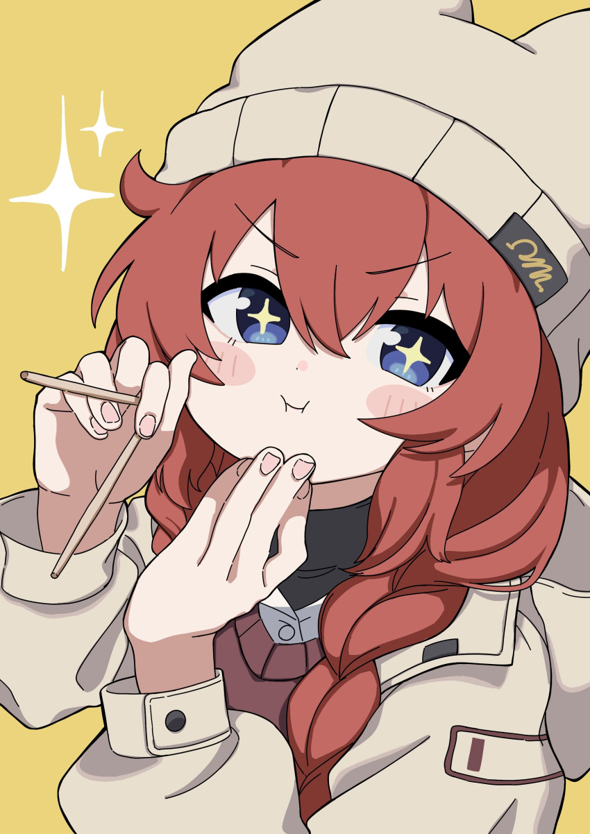 +_+ 1girl absurdres beanie blue_archive blue_eyes blush_stickers braid brown_shirt chopsticks closed_mouth dot_nose eating grey_hat hair_between_eyes hand_on_own_face hat highres holding holding_chopsticks jacket kuzuuo long_hair long_sleeves looking_at_viewer maki_(blue_archive) maki_(camp)_(blue_archive) official_alternate_costume official_alternate_hairstyle open_clothes open_jacket puffy_cheeks puffy_long_sleeves puffy_sleeves redhead shirt simple_background smile solo sparkle sparkling_eyes twin_braids upper_body v-shaped_eyebrows white_jacket white_shirt yellow_background