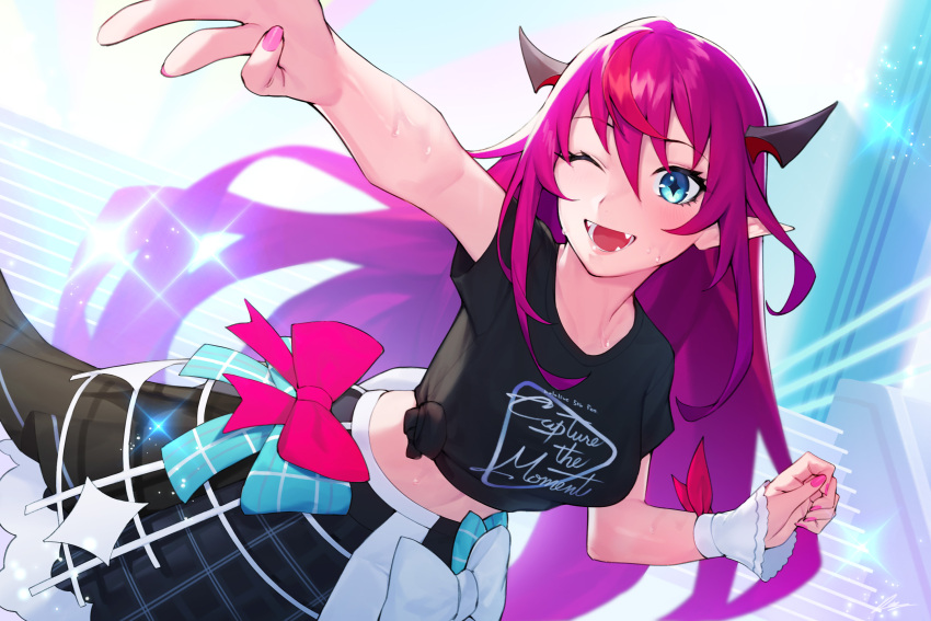 1girl ;d black_shirt black_skirt blue_eyes blue_ribbon blurry dasdokter depth_of_field diamond-shaped_pupils diamond_(shape) highres hololive hololive_english hololive_idol_uniform irys_(hololive) long_hair multicolored_hair one_eye_closed open_mouth pink_hair pink_nails pink_ribbon pointy_ears redhead ribbon shirt single_wrist_cuff skirt smile sparkle stage streaked_hair symbol-shaped_pupils tied_shirt very_long_hair virtual_youtuber wrist_cuffs
