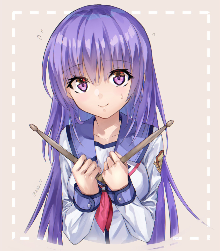 1girl angel_beats! blue_sailor_collar blush breasts closed_mouth commentary_request drumsticks eyelashes eyes_visible_through_hair flying_sweatdrops hair_between_eyes hands_up highres holding holding_drumsticks irie_miyuki light_brown_background long_hair long_sleeves looking_at_viewer medium_breasts neckerchief pink_neckerchief purple_hair revision sailor_collar shinda_sekai_sensen_uniform shirt sidelocks simple_background smile solo straight-on sweatdrop twitter_username upper_body very_long_hair violet_eyes white_shirt zuzuhashi