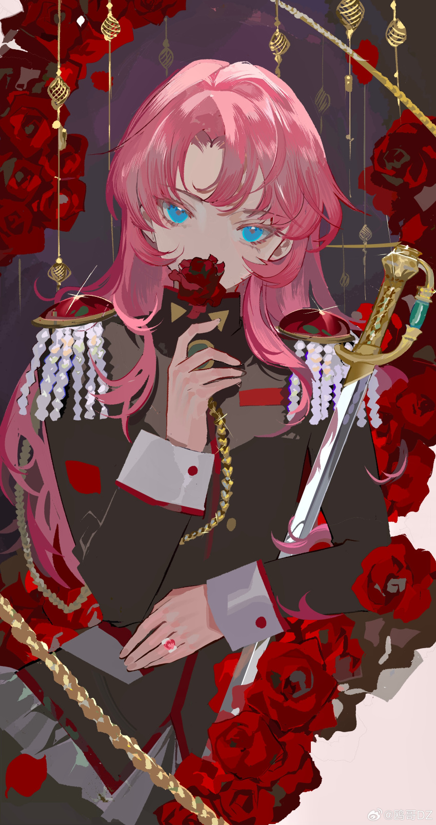 1girl absurdres aiguillette black_jacket blue_eyes chinese_commentary commentary_request covered_mouth epaulettes flower glint grey_background hand_on_own_stomach hand_up highres holding holding_flower jacket jewelry long_hair long_sleeves looking_at_viewer ouge_dz parted_bangs pink_hair red_flower red_rose ring rose school_uniform shoujo_kakumei_utena solo sword tenjou_utena upper_body weapon weibo_logo weibo_username
