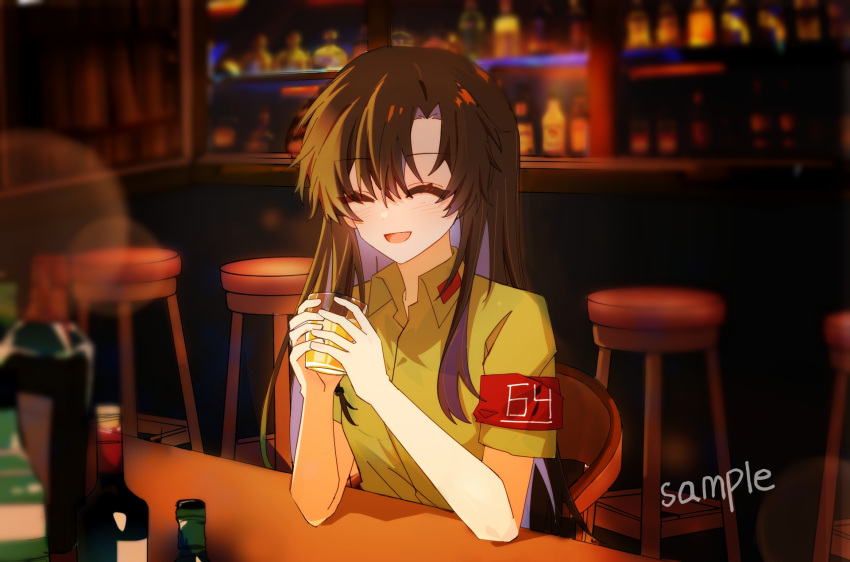 1girl alcohol armband bar_(place) black_hair collared_shirt girls_frontline highres long_hair open_mouth shirt short_sleeves sitting smile solo type_64_(girls'_frontline) upper_body yuyu_(gype5728)