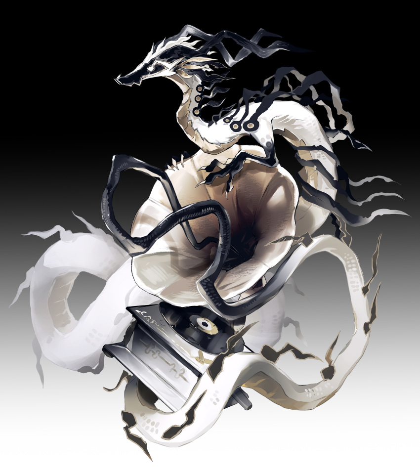 absurdres animal_focus black_background black_horns blank_eyes claws dragon eastern_dragon from_side full_body gradient_background highres horns monster no_humans original ou331 phonograph record scales solo tail two-tone_background white_background