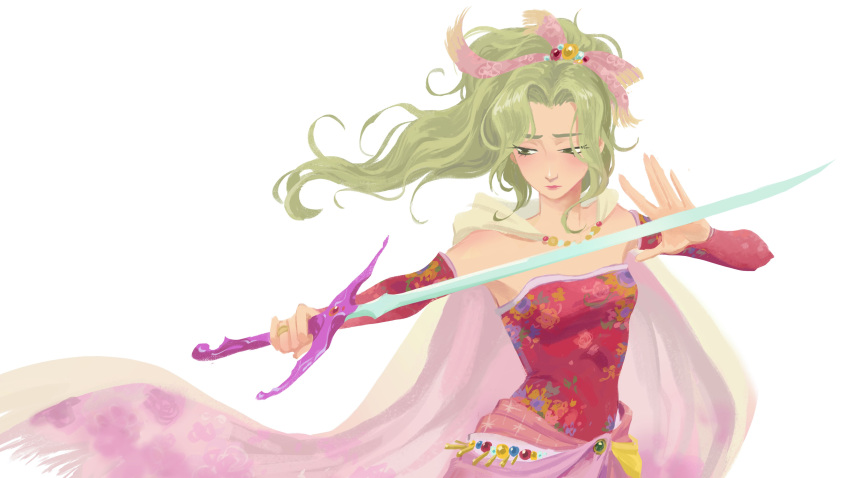 1girl absurdres cape chillustrates closed_mouth curtained_hair detached_sleeves dress english_commentary final_fantasy final_fantasy_vi floral_print green_hair high_ponytail highres holding holding_sword holding_weapon long_hair pink_cape red_dress red_sleeves simple_background solo standing strapless strapless_dress sword terra_branford two-sided_cape two-sided_fabric two-tone_cape weapon white_background white_cape