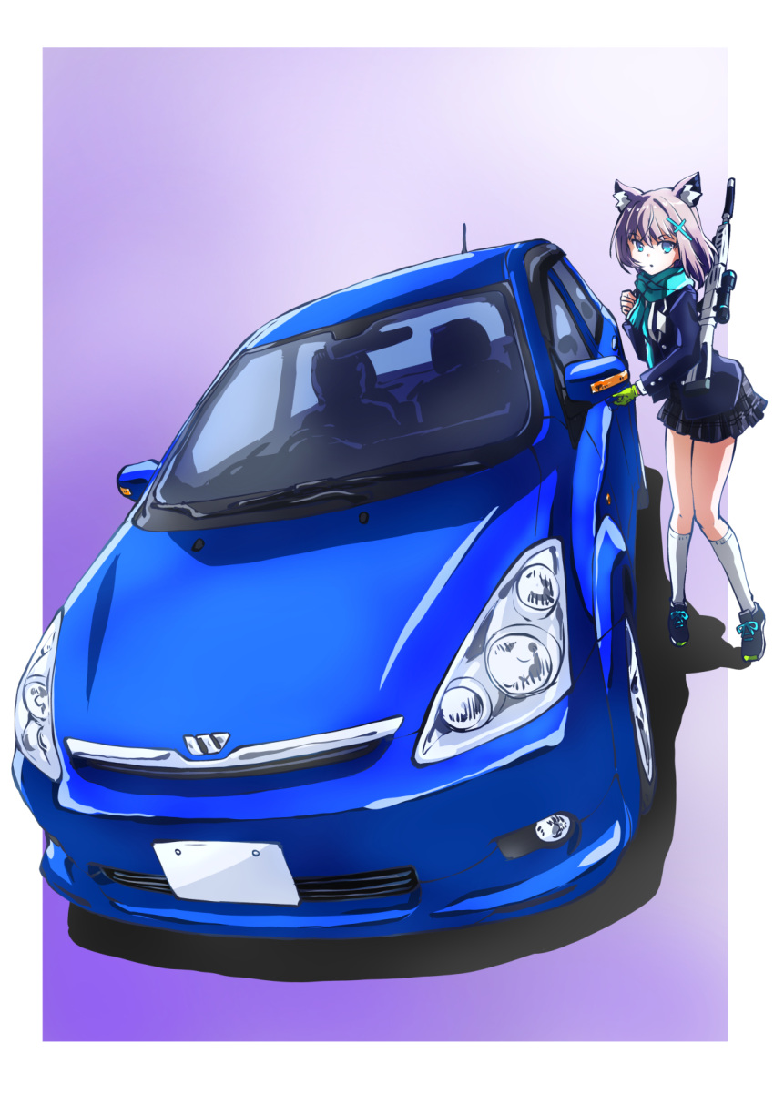 1girl animal_ear_fluff animal_ears assault_rifle black_footwear black_skirt blue_archive blue_car blue_jacket blue_scarf breasts car gradient_background gun highres jacket looking_at_viewer motor_vehicle pillarboxed plaid plaid_skirt purple_background rifle scarf shiroko_(blue_archive) shoes skirt small_breasts sneakers socks solo taiga_hiroyuki toyota toyota_wish vehicle_focus weapon weapon_on_back white_socks wolf_ears