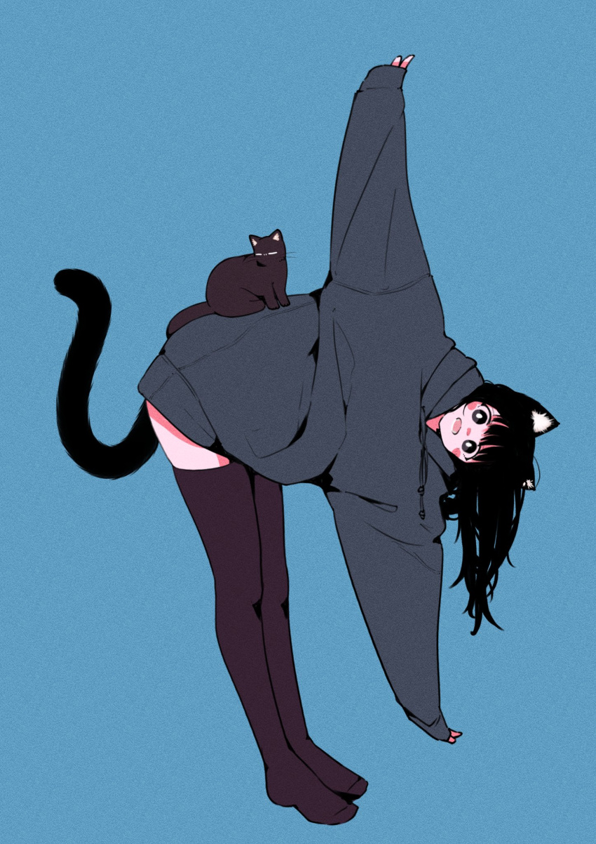 1girl animal animal_ears animal_on_back bent_over black_eyes black_hair black_thighhighs blush_stickers bright_pupils cat cat_ears cat_girl cat_tail drawstring full_body highres hood hood_down leaning_to_the_side megateru open_mouth original oversized_clothes sleeves_past_wrists solo tail thigh-highs white_pupils