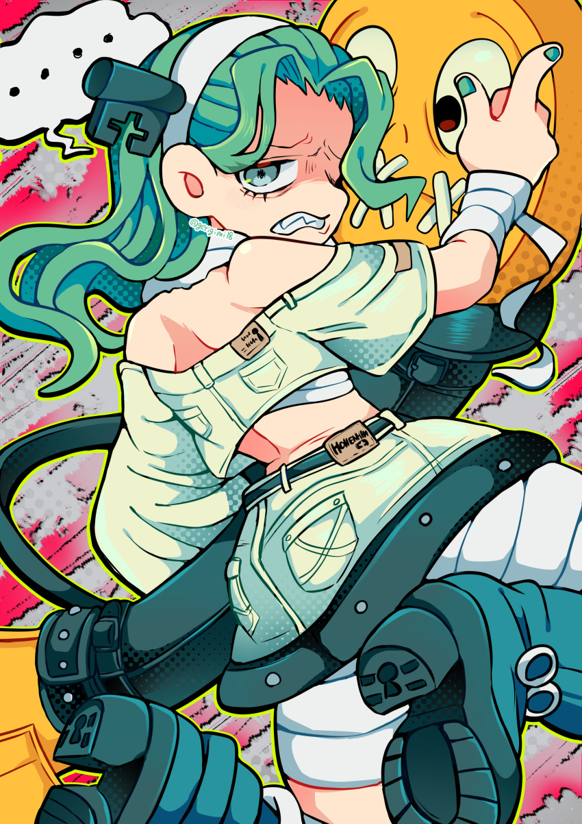 a.b.a absurdres bandages bare_shoulders fighting_game gerigimin green_eyes green_hair guilty_gear guilty_gear_strive highres key key_in_head long_hair object_through_head pale_skin paracelsus_(guilty_gear) stitched_mouth stitches