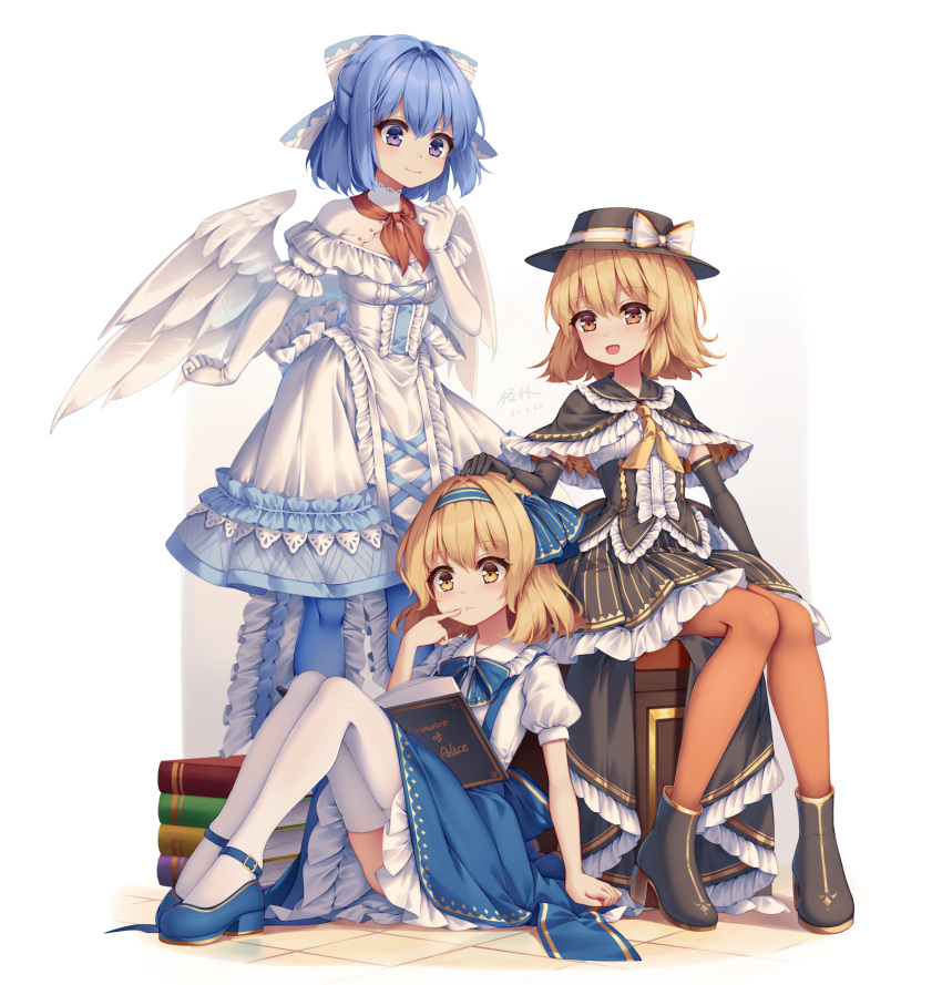 3girls :o absurdres aged_down alice_margatroid angel_wings black_capelet black_corset black_footwear black_gloves black_hat black_skirt blonde_hair blue_bow blue_bowtie blue_eyes blue_footwear blue_hair blue_hairband blue_pantyhose blue_skirt book bookshelf boots bow bowtie breasts brown_pantyhose capelet closed_mouth corset dress elbow_gloves feathered_wings fedora flat_chest frilled_capelet frilled_corset frilled_dress frilled_skirt frills full_body gloves grimoire_of_alice hair_bow hairband hand_on_another's_head happy hat hat_bow highres mai_(senran_kagura) mary_janes mechrailgun medium_hair multiple_girls neck_ribbon neckerchief pantyhose parted_lips puffy_short_sleeves puffy_sleeves red_neckerchief ribbon shirt shoes short_sleeves simple_background sitting skirt small_breasts smile suspender_skirt suspenders thigh-highs touhou touhou_(pc-98) white_background white_bow white_dress white_gloves white_shirt white_thighhighs white_wings wings yellow_eyes yellow_ribbon