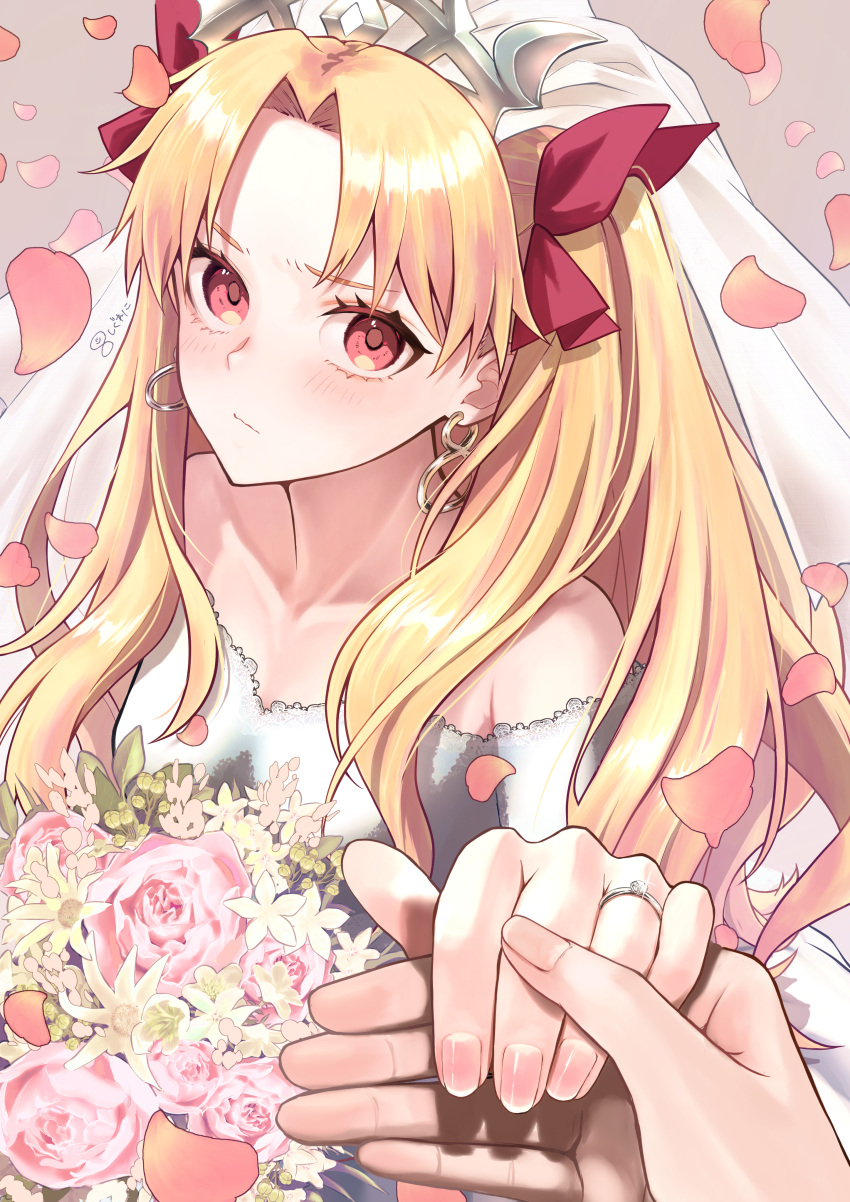 1girl absurdres blonde_hair blush bouquet bow bridal_veil bride dress earrings ereshkigal_(fate) fate/grand_order fate_(series) flower hair_bow hair_ribbon highres holding holding_bouquet hoop_earrings infinity_symbol jewelry long_hair looking_at_viewer parted_bangs red_eyes red_ribbon ribbon ring rose strapless strapless_dress tiara two_side_up user_cdug5424 veil wedding wedding_dress wedding_ring white_dress white_flower white_rose