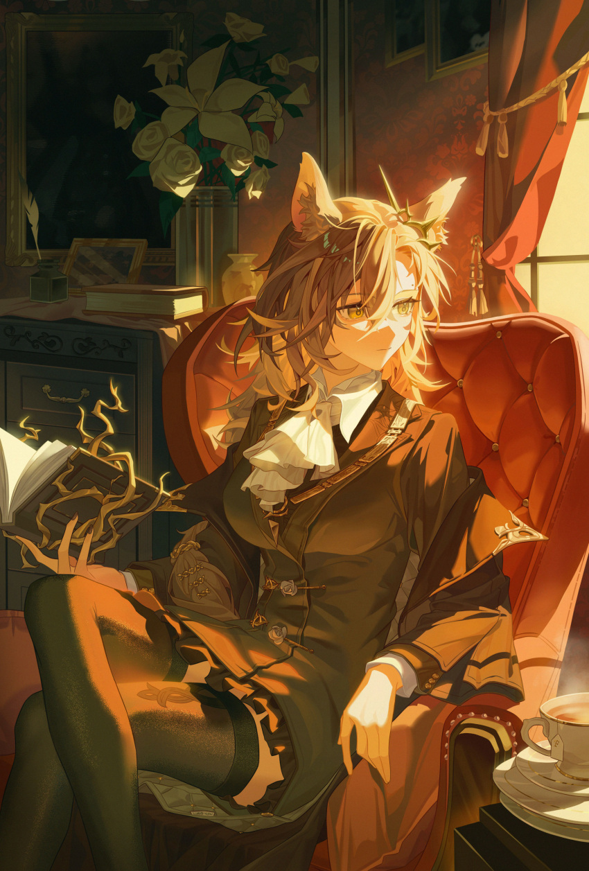 1girl absurdres animal_ear_fluff animal_ears arknights armchair ascot black_coat black_jacket black_nails black_thighhighs book brown_eyes brown_hair cabinet chair closed_mouth coat commentary_request crossed_legs cup curtains expressionless feet_out_of_frame flower highres holding holding_book indoors inkwell jacket long_hair long_sleeves looking_to_the_side mole_above_eye open_book penance_(arknights) picture_frame rose sanmu saucer sitting solo teacup thigh-highs vase white_ascot white_flower white_rose window wolf_ears wolf_girl