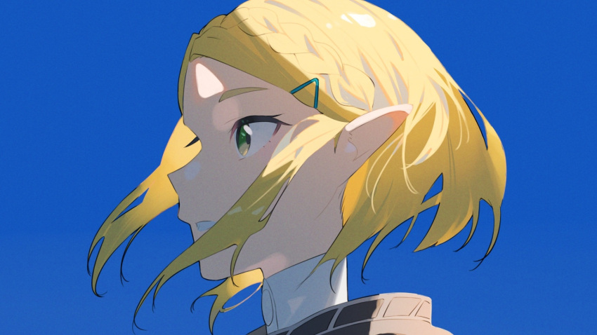 1girl aoi_(altea0923) blonde_hair blue_sky braid close-up crown_braid day expressionless from_below from_side green_eyes highres nape nose outdoors parted_lips pointy_ears portrait princess_zelda profile short_hair sidelighting sidelocks sky solo sunlight the_legend_of_zelda the_legend_of_zelda:_tears_of_the_kingdom