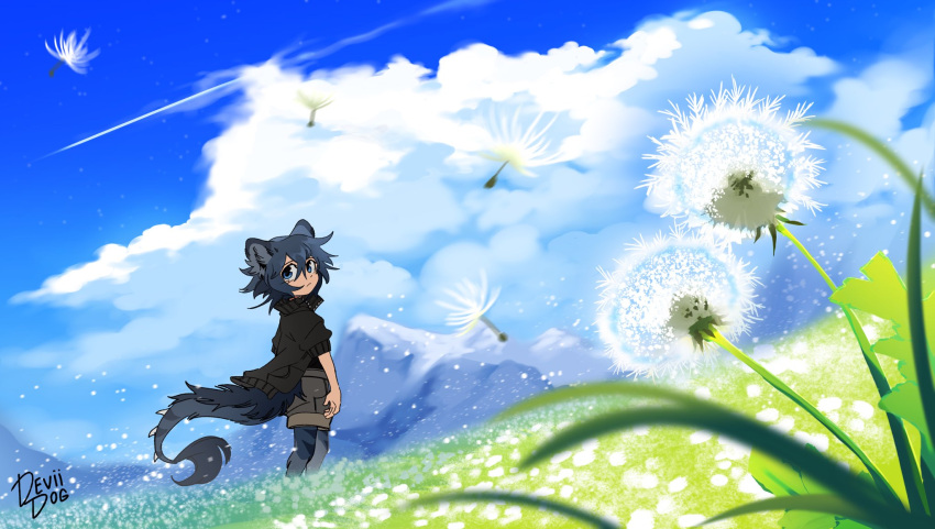 1boy animal_ears animal_feet artist_name black_jacket blue_eyes blue_fur blue_hair blue_sky child closed_mouth clouds cloudy_sky dandelion deviidog0 dutch_angle english_commentary field flower flower_field full_body fur-tipped_tail grey_shorts high_collar highres jacket looking_at_viewer looking_back male_focus monster_boy mountainous_horizon original outdoors short-sleeved_jacket short_hair short_sleeves shorts sky solo spiked_tail standing tail wide_shot wind