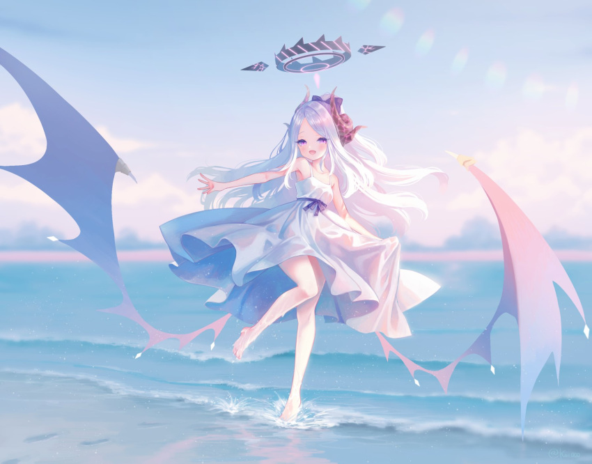 black_halo blue_archive blurry blurry_background bow broken_halo clouds cloudy_sky collarbone demon_horns dress dripping fang gradient_wings hair_bow halo highres hina_(blue_archive) holding holding_clothes holding_skirt horns legs lens_flare light_blush multicolored_wings nishiki_koi ponytail purple_bow purple_horns skirt sky standing standing_on_one_leg violet_eyes waist_bow waves white_dress white_hair wide_shot wings