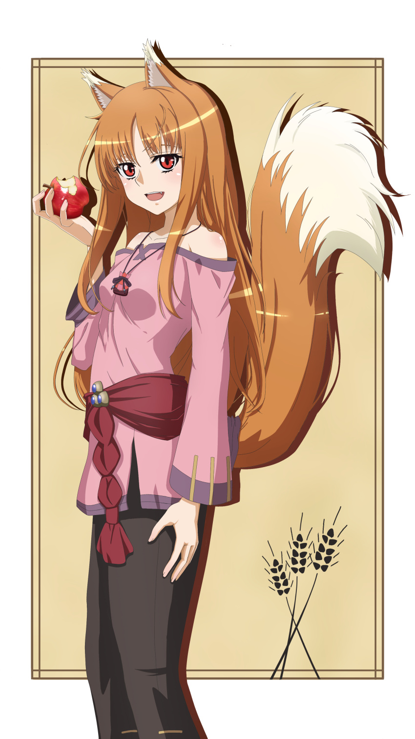 1girl :d absurdres animal_ear_fluff animal_ears apple arm_at_side bare_shoulders bitten_apple black_pants border breasts brown_hair collarbone commentary_request drop_shadow eyebrows_hidden_by_hair eyelashes fang feet_out_of_frame food food_bite from_side fruit hand_up highres holding holding_food holding_fruit holo jewelry light_blush light_brown_background long_hair long_sleeves looking_at_viewer necklace off-shoulder_shirt off_shoulder open_mouth pants parted_bangs pink_shirt red_apple red_eyes shirt sidelocks simple_background small_breasts smile solo spice_and_wolf standing straight_hair tail tail_raised teeth upper_teeth_only user_xydk8783 very_long_hair wheat white_border wide_sleeves wolf_ears wolf_girl wolf_tail