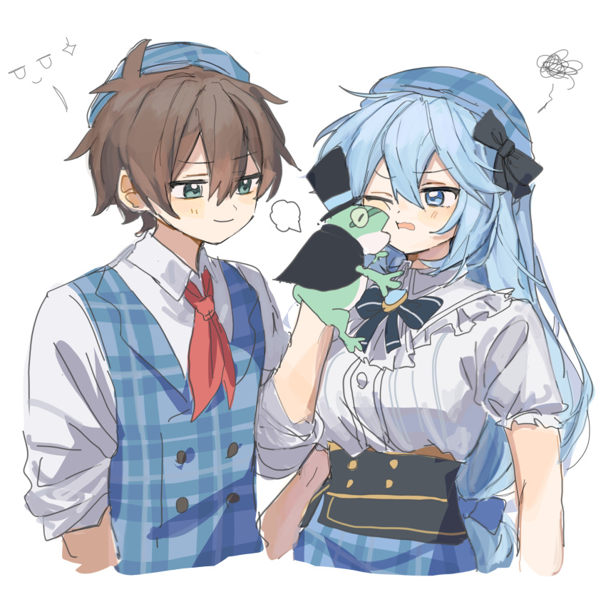 1boy 1girl absurdres animal annoyed aqua_(konosuba) belt black_belt black_bow black_corset black_sash blue_bow blue_bowtie blue_coat blue_eyes blue_hair blue_skirt blush bow bowtie brown_hair buttons coat contemporary corset double-breasted frilled_sleeves frills green_eyes hair_between_eyes hair_bow hair_ornament hand_on_another's_cheek hand_on_another's_face happy hat hetero high_ponytail highres jacket kono_subarashii_sekai_ni_shukufuku_wo! light_smile long_hair long_sleeves looking_at_another low-tied_long_hair necktie one_eye_closed open_mouth pekeheihou pinstripe_pattern plaid plaid_headwear plaid_skirt plaid_vest playing puffy_short_sleeves puffy_sleeves puppet red_tie sash satou_kazuma shirt short_hair short_sleeves simple_background skirt smile suit suit_jacket tailcoat toad_(animal) top_hat very_long_hair vest white_background white_shirt