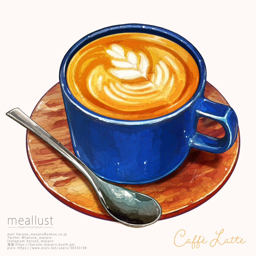 cappuccino coffee coffee_mug cup drink food food_focus food_name haruna_macpro highres latte_art mug no_humans original saucer spoon white_background