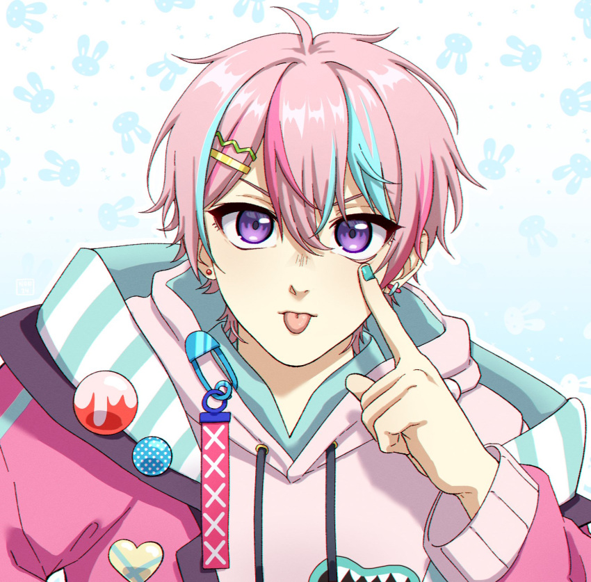 1boy :p ahoge blue_hair blue_nails commentary drawstring ear_piercing english_commentary furuyawn hair_ornament hairclip heart_pin highres hood hood_down hoodie jacket long_sleeves looking_at_viewer male_focus medium_hair messy_hair nexas_(vtuber) piercing pin pink_hair pink_hoodie pink_jacket pyon_phelix safety_pin solo tongue tongue_out violet_eyes virtual_youtuber