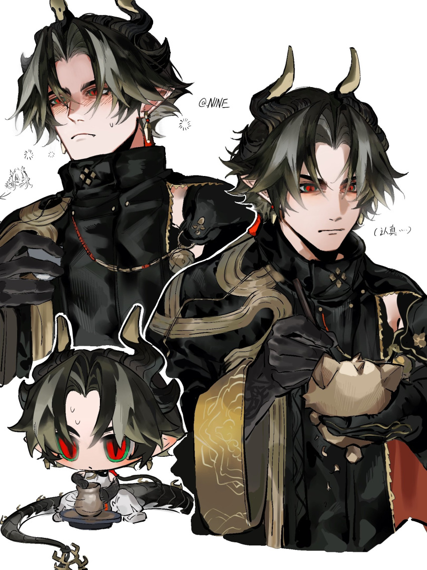 1boy arknights black_coat black_hair blush carving chibi chong_yue_(arknights) choshanland_plushy_(arknights) closed_mouth coat cropped_torso cup dragon_boy dragon_horns dragon_tail drunk earrings fang fang_out green_eyes grey_hair hand_up hands_up highres holding holding_cup horns jewelry long_hair long_sleeves looking_at_object low_ponytail male_focus multicolored_eyes multicolored_hair multiple_views nine5895254196 pointy_ears pottery red_eyes rerebrace simple_background single_sleeve slit_pupils squeans streaked_hair tail upper_body white_background wide_sleeves wood_carving_tool