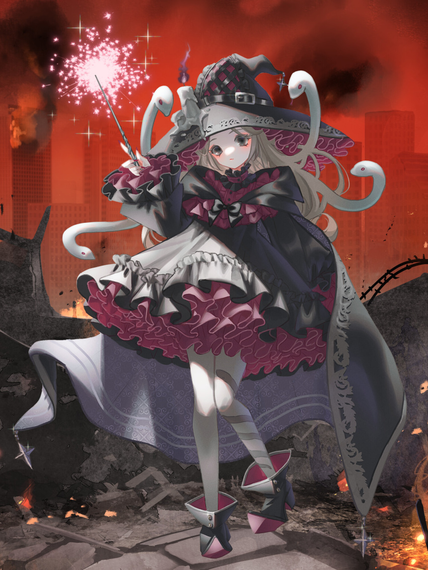 1girl barbed_wire black_cape black_dress black_footwear building candle cape cross dairoku_ryouhei dress frills full_body grey_eyes hand_up hat hat_belt highres light_brown_hair long_hair magic pantyhose pink_dress red_sky sky skyscraper snake_hair solo standing virginia_luxuria wand white_pantyhose witch_hat yuuhi7