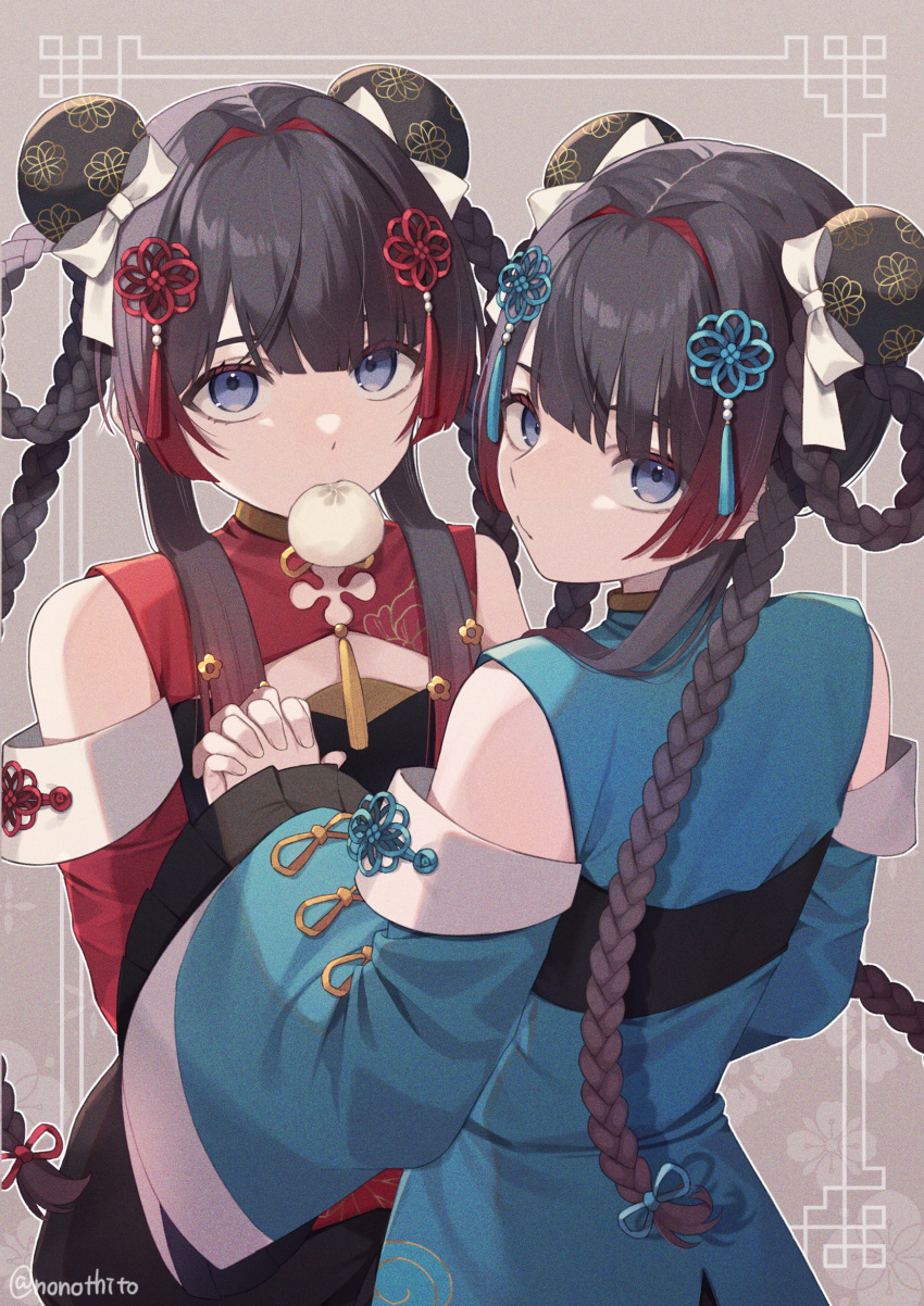 2girls alternate_color back_hair bare_shoulders black_hair black_shorts blue_dress blue_eyes blue_flower blue_sleeves blunt_bangs bow braid braided_hair_rings bun_cover chinese_clothes closed_mouth detached_sleeves double_bun dress flower gradient_hair hair_bow hair_bun hair_flower hair_intakes hair_ornament highres holding_hands interlocked_fingers long_hair long_sleeves looking_at_viewer looking_back mouth_hold multicolored_hair multiple_girls nijisanji nono_chitose official_alternate_costume red_dress red_flower red_sleeves redhead shorts tassel tassel_hair_ornament tsukino_mito tsukino_mito_(china_dress) twin_braids very_long_hair virtual_youtuber white_bow wide_sleeves