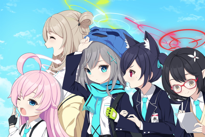 5girls :d ^_^ ahoge animal_ear_fluff animal_ears arm_up ayane_(blue_archive) balaclava black_gloves black_hair black_jacket blazer blue_archive blue_eyes blue_necktie blue_ribbon blue_scarf blue_sky brown_eyes brown_jacket cat_ears closed_eyes closed_mouth clouds collared_shirt commentary_request day fingerless_gloves flower foreclosure_task_force_(blue_archive) fringe_trim glasses gloves hair_flower hair_ornament hair_ribbon hairclip halo highres holding hoshino_(blue_archive) jacket koflif long_hair long_sleeves multiple_girls necktie nonomi_(blue_archive) off_shoulder one_eye_closed open_clothes open_jacket outdoors pointy_ears profile puffy_long_sleeves puffy_sleeves red-framed_eyewear red_eyes ribbon scarf school_uniform serika_(blue_archive) shiroko_(blue_archive) shirt sky smile sweat sweater_vest twintails very_long_hair white_flower white_shirt yawning