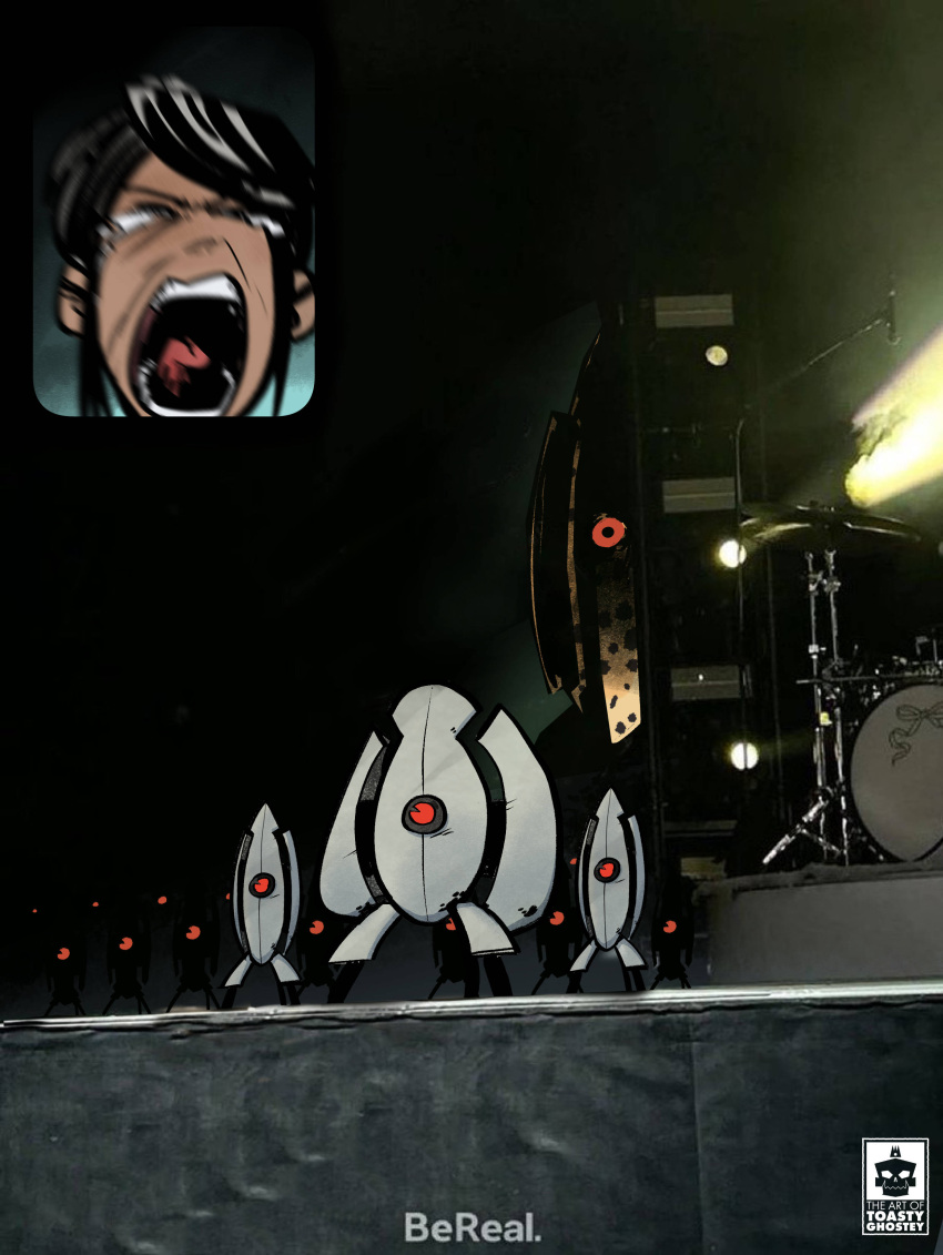 1girl absurdres animal_king_turret artist_logo bereal black_hair chell closed_eyes cymbals drum drum_set fan_screaming_at_madison_beer_(meme) happy_tears highres inset instrument meme microphone microphone_stand open_mouth portal_(series) portal_2 screaming sentry_turret_(portal) sidelocks solo tears teeth toastyghostey tongue