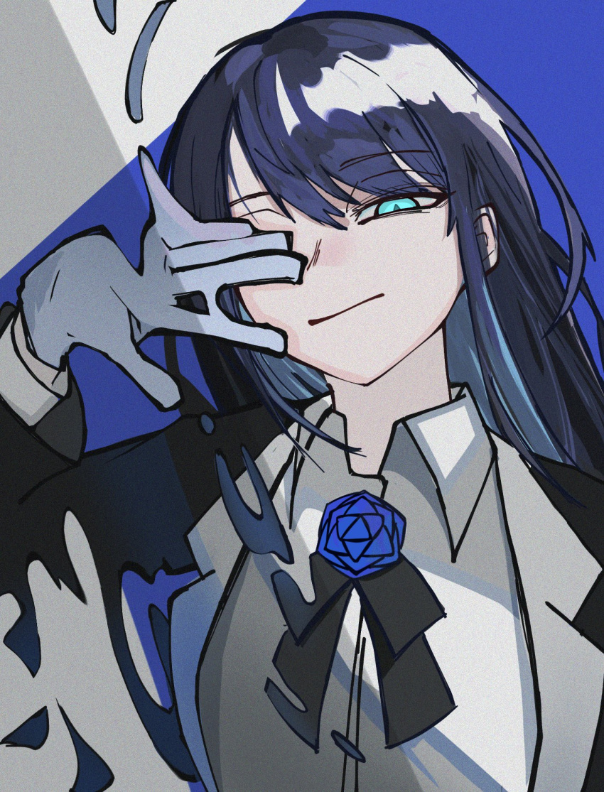 1girl ado_(utaite) aqua_eyes black_jacket black_ribbon blue_background blue_flower blue_hair blue_rose chando_(ado) closed_mouth cloud_nine_inc colored_inner_hair commentary dress_shirt english_commentary eyelashes eyes_visible_through_hair flower gloves hair_between_eyes hand_over_eye hand_up highres ikite2021 jacket lapels long_bangs long_hair long_sleeves looking_at_viewer multicolored_hair neck_ribbon notched_lapels one_eye_covered portrait ribbon rose shirt solo straight-on straight_hair suit_jacket swept_bangs utaite white_gloves white_shirt