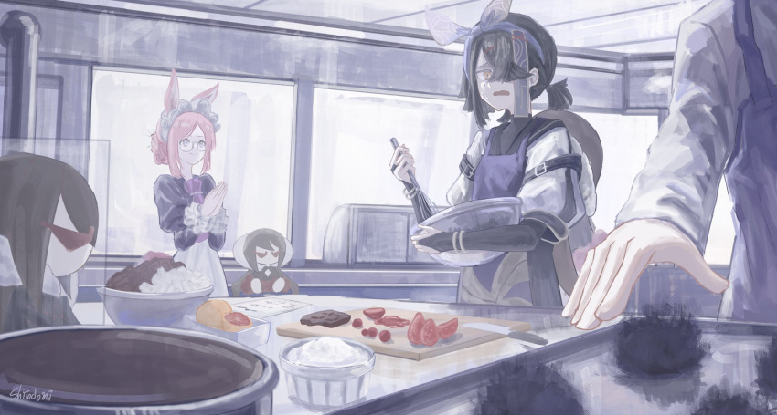 2girls animal_ears apron baking black_hair braid breasts brown_eyes character_doll chinese_clothes cooking doll dress fate/grand_order fate_(series) glasses hair_ornament hair_over_one_eye hair_stick hat highres holding horse_ears horse_girl long_sleeves maid mole mole_under_eye multiple_girls pink_hair sancho_(fate) shitodo_mi short_hair small_breasts smile sweatdrop twitter_username wide_sleeves xu_fu_(fate) yu_mei-ren_(fate)