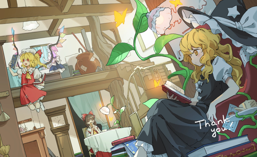 4girls ascot back_bow blonde_hair blue_curtains book bow brown_hair bug butterfly chair clock commentary_request commission crossed_legs crystal cup curtains detached_sleeves dress drinking english_text flandre_scarlet flying frilled_bow frills grey_hair hair_bow hair_tubes hakurei_reimu hat hat_bow hat_ribbon highres holding holding_book holding_cup indoors izayoi_sakuya kaigen_1025 kirisame_marisa lamp long_hair maid maid_headdress mob_cap multicolored_wings multiple_girls no_headwear on_chair one_side_up open_book open_mouth plant puffy_short_sleeves puffy_sleeves red_bow red_eyes red_skirt red_vest ribbon ribbon-trimmed_sleeves ribbon_trim short_sleeves side_ponytail skeb_commission skirt skirt_set smile star_(symbol) table touhou unworn_headwear vest white_bow white_hat wings witch_hat yellow_ascot yellow_eyes
