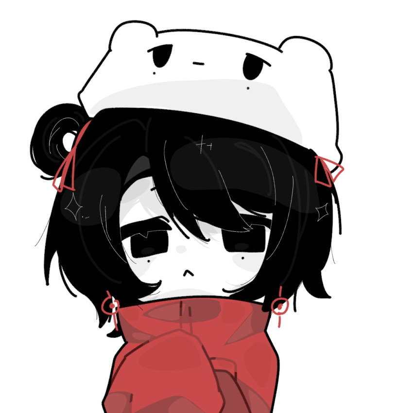 1girl :&lt; black_eyes black_hair chinese_commentary closed_mouth colored_skin commentary_request earrings hair_ribbon hat jacket jewelry li_yuting_(female) long_sleeves mole mole_under_eye red_jacket red_ribbon ribbon short_hair simple_background single_hair_ring solo touqi_guaitan white_background white_hat white_skin wuyan_wushi_wuwen