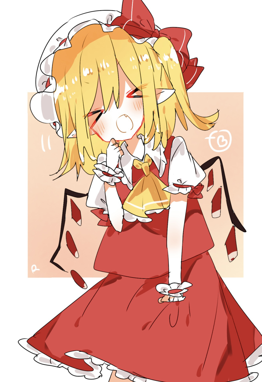 &gt;_&lt; 1girl ascot blonde_hair closed_eyes cowboy_shot crystal_wings dress fang flandre_scarlet hat hat_ribbon highres nishiki1225 open_mouth pointy_ears red_dress red_ribbon ribbon short_hair side_ponytail simple_background solo touhou white_background white_mob_cap wrist_cuffs yellow_ascot
