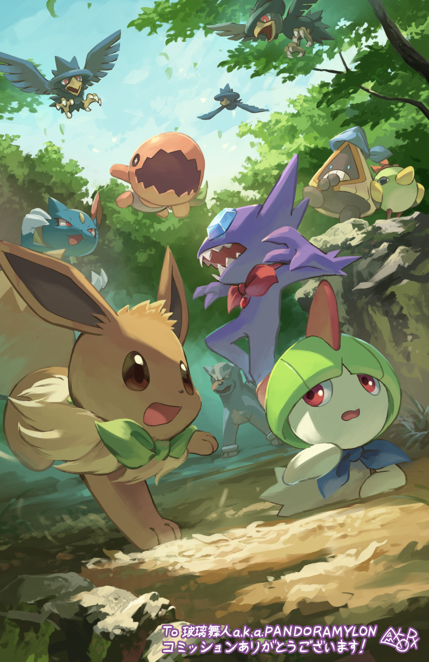 bandana bandana_around_neck bird black_feathers blue_bandana body_fur brown_fur claws commission crow eevee feathered_wings feathers forest green_bandana green_hair hakkentai_pokedan highres houndour murkrow natu nature outdoors pokemon pokemon_mystery_dungeon ralts red_bandana red_eyes sableye skeb_commission sneasel snorunt trapinch tree wings yamaori6