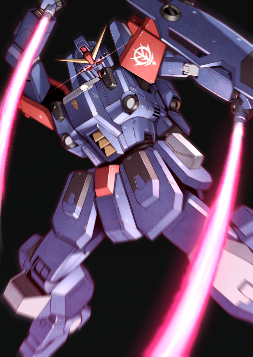 absurdres arm_shield beam_saber black_background blue_destiny_02 dual_wielding eye_trail foot_out_of_frame glowing glowing_eyes gundam gundam_side_story:_the_blue_destiny highres holding holding_sword holding_weapon light_trail looking_at_viewer mecha mecha_focus mobile_suit motion_blur no_humans red_eyes robot science_fiction simple_background solo sword takahashi_masaki v-fin weapon zeon