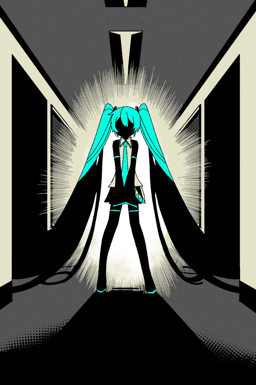 1girl absurdly_long_hair absurdres aqua_hair aqua_necktie backlighting bare_shoulders boots ceiling_light collared_shirt commentary detached_sleeves facing_viewer full_body hair_ornament halftone hatsune_miku highres indoors legs_apart limited_palette long_hair machigami_yoh miniskirt necktie shadow shirt skirt sleeveless sleeveless_shirt solo standing symbol-only_commentary thigh_boots twintails v_arms very_long_hair vocaloid
