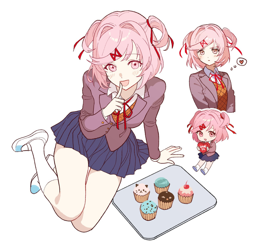 animal-themed_food blazer blue_skirt blush chibi collared_shirt cupcake doki_doki_literature_club food hair_ornament highres icing jacket miniskirt natsuki_(doki_doki_literature_club) pink_hair shirt short_hair simple_background skirt socks thick_thighs thighs white_background white_socks wing_collar yuna_4568