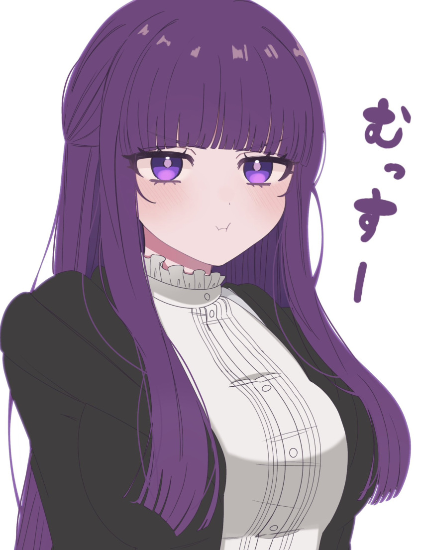 1girl blunt_bangs blush breasts buttons chi_gu closed_mouth dress fern_(sousou_no_frieren) grey_background highres large_breasts long_hair long_sleeves looking_at_viewer pout purple_hair simple_background solo sousou_no_frieren translation_request upper_body violet_eyes white_dress