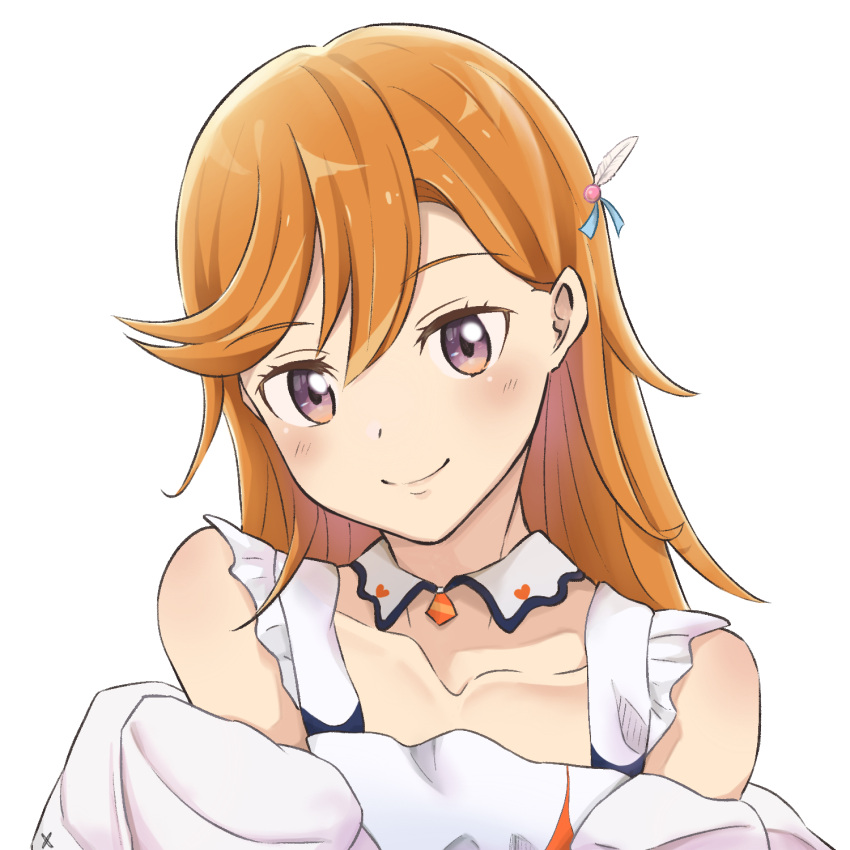 1girl blush closed_mouth collarbone commentary_request detached_collar hajimari_wa_kimi_no_sora highres looking_at_viewer love_live! love_live!_superstar!! medium_hair orange_hair shibuya_kanon smile soil_jp solo upper_body violet_eyes white_background