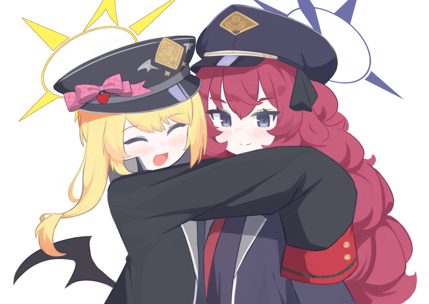 2girls ^_^ absurdres anma21 bat_wings black_jacket black_wings blonde_hair blue_archive blue_halo blush closed_eyes closed_mouth grey_eyes hair_between_eyes halo hat highres hug ibuki_(blue_archive) iroha_(blue_archive) jacket long_hair long_sleeves looking_at_viewer low_wings multiple_girls open_mouth peaked_cap redhead simple_background sleeves_past_fingers sleeves_past_wrists smile upper_body wavy_hair white_background wings yellow_halo