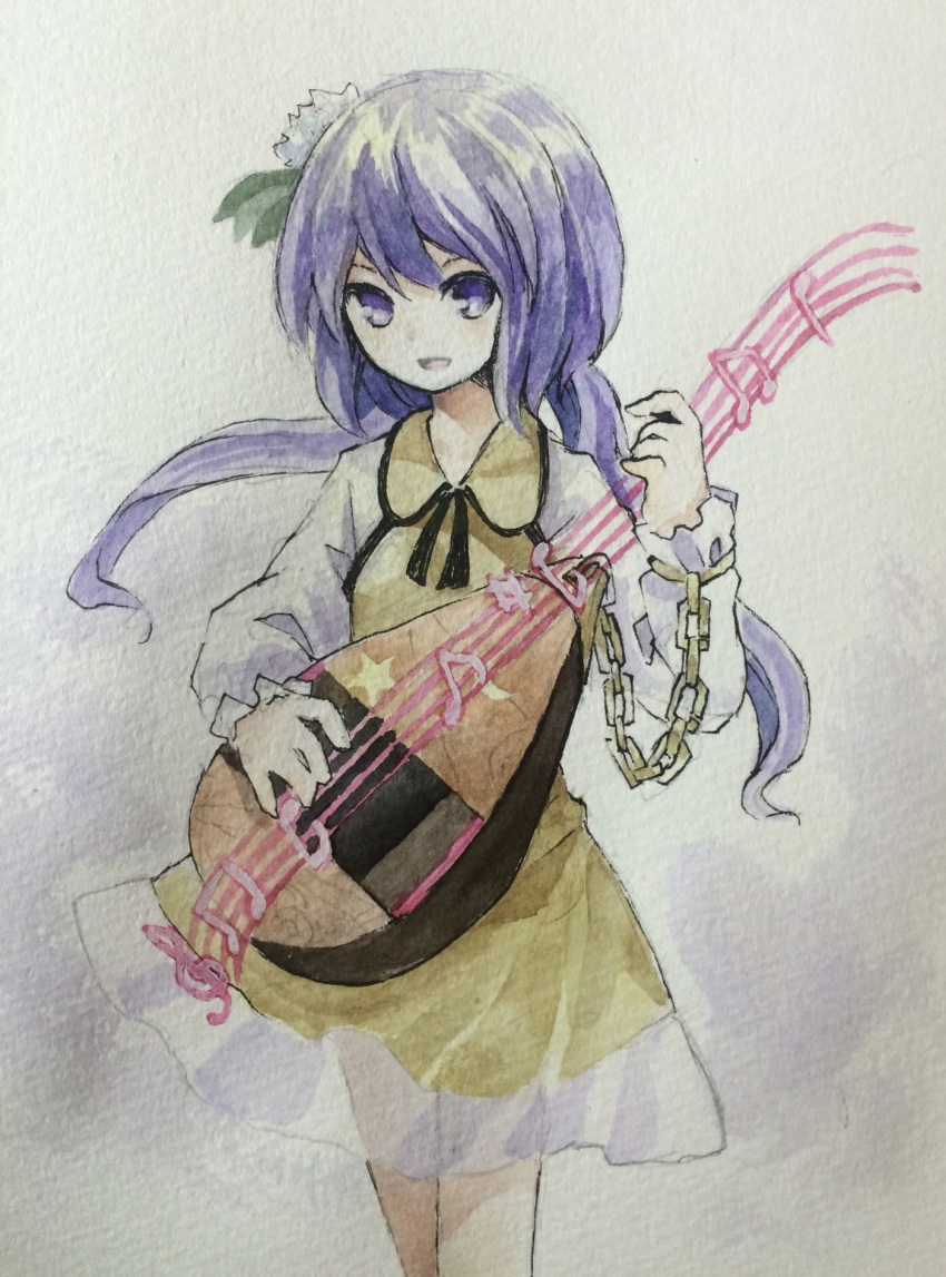 1girl biwa_lute black_ribbon brown_dress collared_dress cowboy_shot dress flower hair_flower hair_ornament highres holding holding_instrument instrument kaigen_1025 lute_(instrument) music neck_ribbon playing_instrument purple_hair ribbon solo touhou traditional_media tsukumo_benben twintails violet_eyes white_sleeves