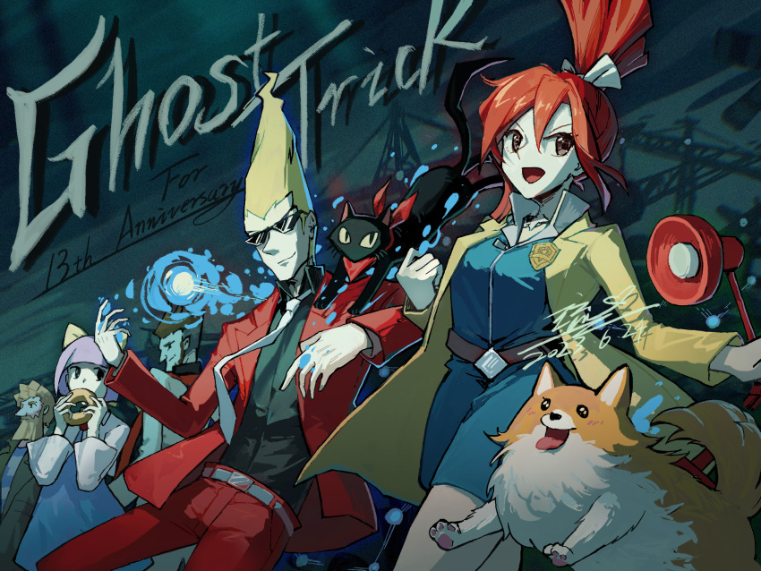 2girls 3girls beard black_cat black_shirt blonde_hair blue_dress bow brown_hair cabanela cat cat_(ghost_trick) coat collared_shirt copyright_name crane_(machine) dated detective dog dress facial_hair ghost_trick hair_bow high_ponytail highres jacket jowd kamila_(ghost_trick) long_hair long_sleeves missile_(ghost_trick) multiple_girls necktie pants police_badge purple_hair ray_(ghost_trick) red_jacket red_pants redhead ryuh_(asahina_neru) shirt sissel_(ghost_trick) sunglasses white_bow white_necktie yellow_coat