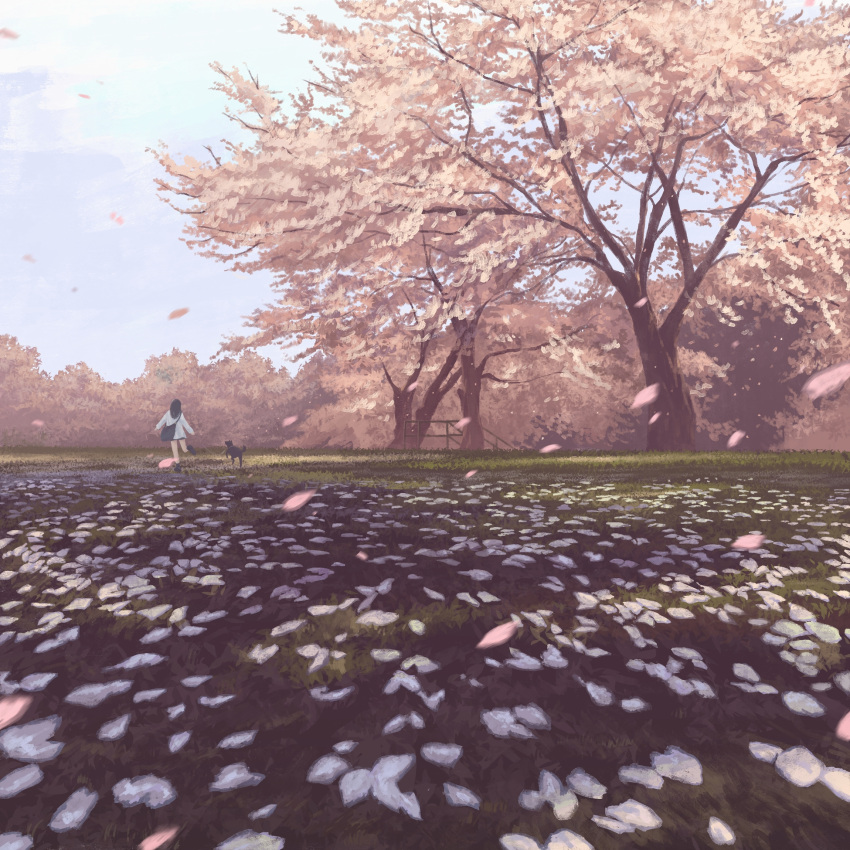 1girl arms_at_sides bag black_footwear black_hair black_shorts blue_sky cherry_blossoms clouds dog facing_ahead falling_petals foot_up forest from_behind gensuke_(ryun) grass highres landscape long_hair long_sleeves nature original outdoors pet_walking petals running scenery shirt shoes shorts shoulder_bag sidelocks sky solo very_wide_shot white_shirt