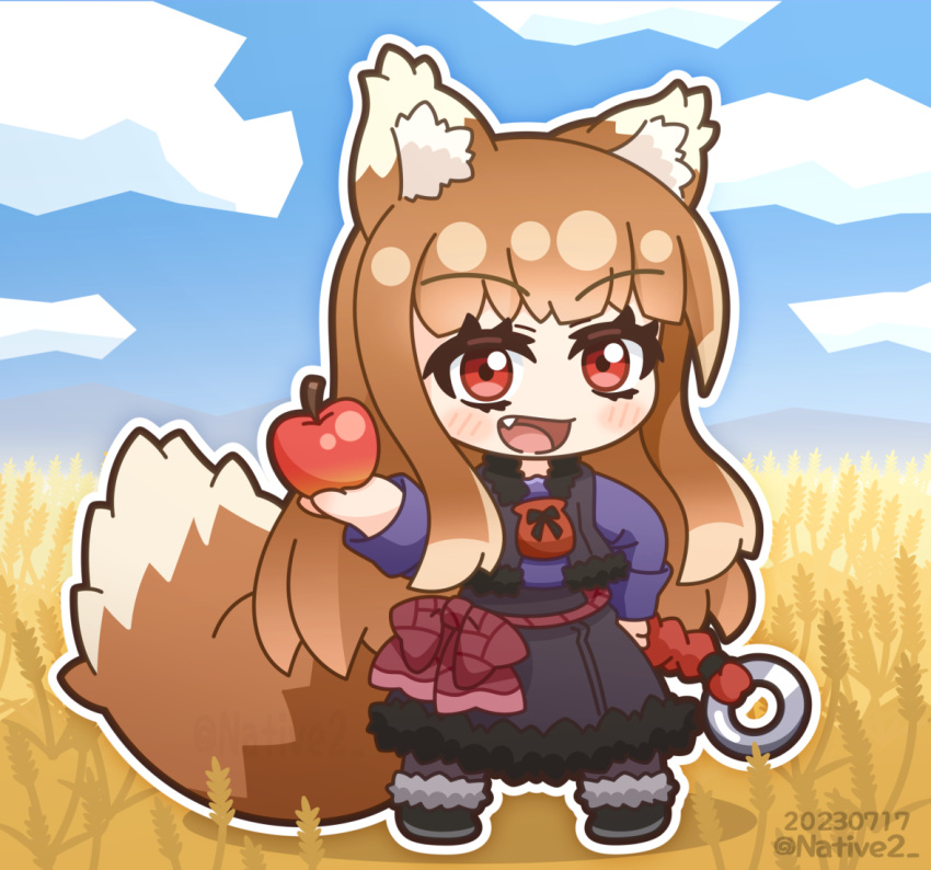 1girl 2023 :d animal_ear_fluff animal_ears apple black_skirt black_vest blue_shirt blunt_bangs blush_stickers bow brown_hair chibi colored_eyelashes commentary_request dated day food fruit fur-trimmed_skirt fur-trimmed_vest fur_trim hand_on_own_hip hand_up happy holding holding_food holding_fruit holo long_hair long_sleeves looking_at_viewer native open_clothes open_mouth open_vest outdoors red_apple red_bow red_eyes shirt sidelocks skirt smile solo spice_and_wolf standing tail twitter_username vest wheat_field wolf_ears wolf_girl wolf_tail
