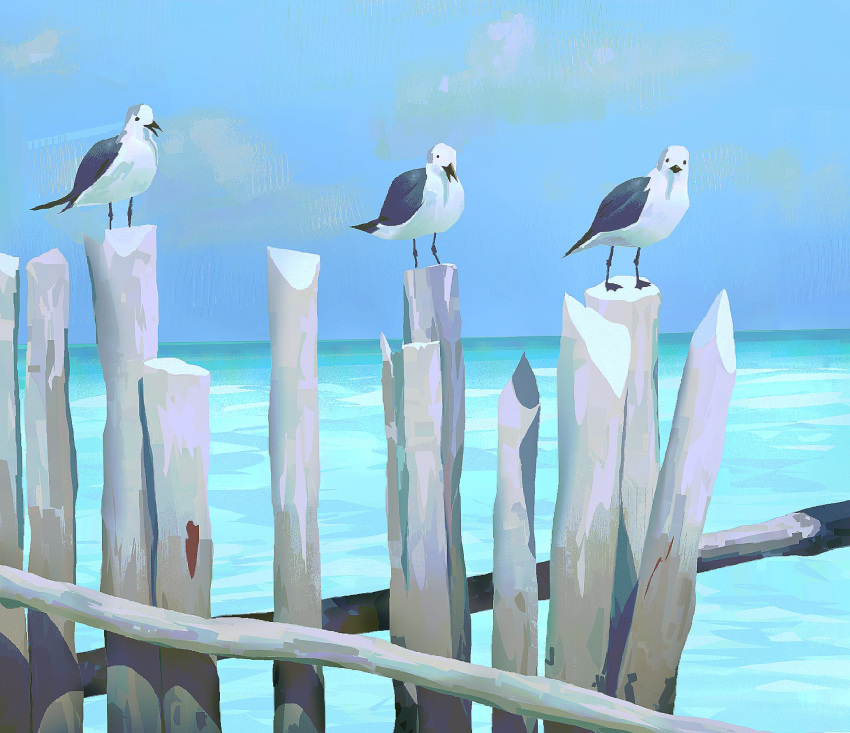 animal_focus animal_request bird blue_sky brush_stroke clouds day fence highres horizon no_humans ocean original outdoors painterly poupee_(capo_sung) sky wood wooden_fence