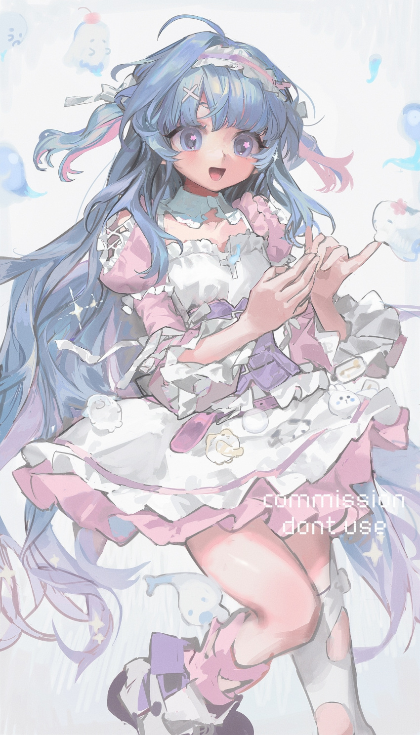 1girl :d absurdres ahoge blue_eyes blue_hair commission diurtion dress flower-shaped_pupils frilled_dress frills ghost hair_ornament hairband highres juliet_sleeves long_hair long_sleeves looking_at_viewer multicolored_hair open_mouth original pink_hair puffy_sleeves smile solo symbol-shaped_pupils thigh-highs two-tone_hair two_side_up very_long_hair virtual_youtuber watermark white_background white_dress white_footwear white_thighhighs x_hair_ornament