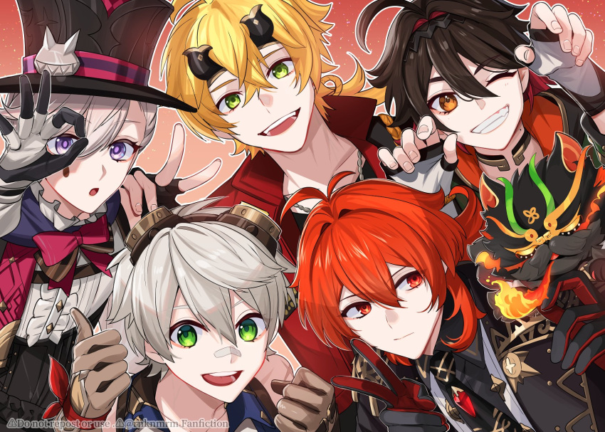 5boys bandaid bandaid_on_face bandaid_on_nose bennett_(genshin_impact) black_gloves black_necktie blonde_hair bow bowtie brown_eyes brown_gloves brown_hair closed_mouth diluc_(genshin_impact) fake_horns fingerless_gloves gaming_(genshin_impact) genshin_impact gloves goggles goggles_on_head green_eyes hair_between_eyes hairband hat headband highres hiki_yuichi horned_headwear horns jacket jewelry long_hair long_sleeves looking_at_viewer lyney_(genshin_impact) male_focus multicolored_clothes multicolored_gloves multicolored_hair multiple_boys necklace necktie one_eye_closed open_mouth ponytail red_bow red_bowtie red_eyes red_jacket redhead short_hair simple_background smile teardrop_facial_mark teeth thoma_(genshin_impact) tongue top_hat v violet_eyes